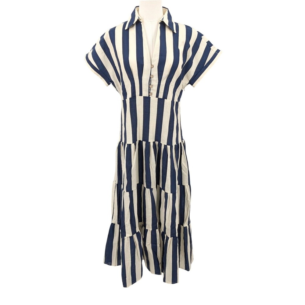 Shop The Mint Linen Stripe Midi Dress S Coastal Tiered Button‎ Front